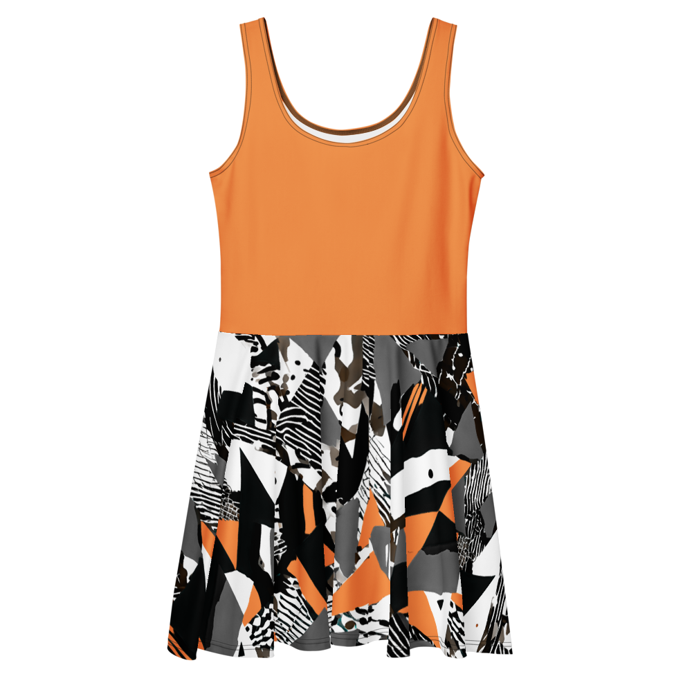 Flare short sleeveless dress, orange, black, grey, white, abstract, funk | 3011
