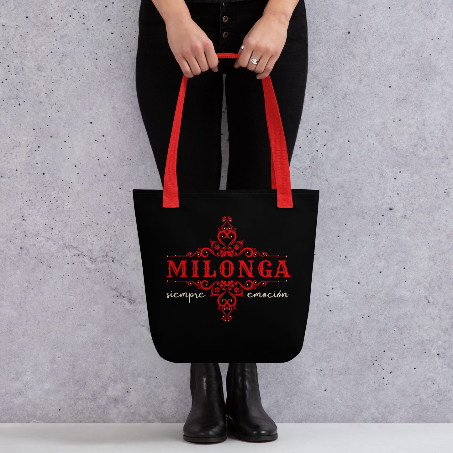 Tote bag - Tango theme- Milonga - Black tote, Red Handle, Red decoration, Red medallion on the back side | 8067