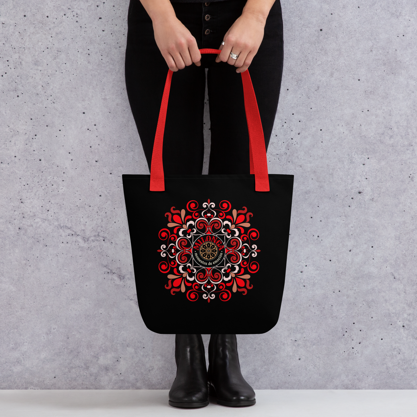 Tote bag - Tango theme- Milonga - Black tote, Red Handle, Red medallion decoration | 8068