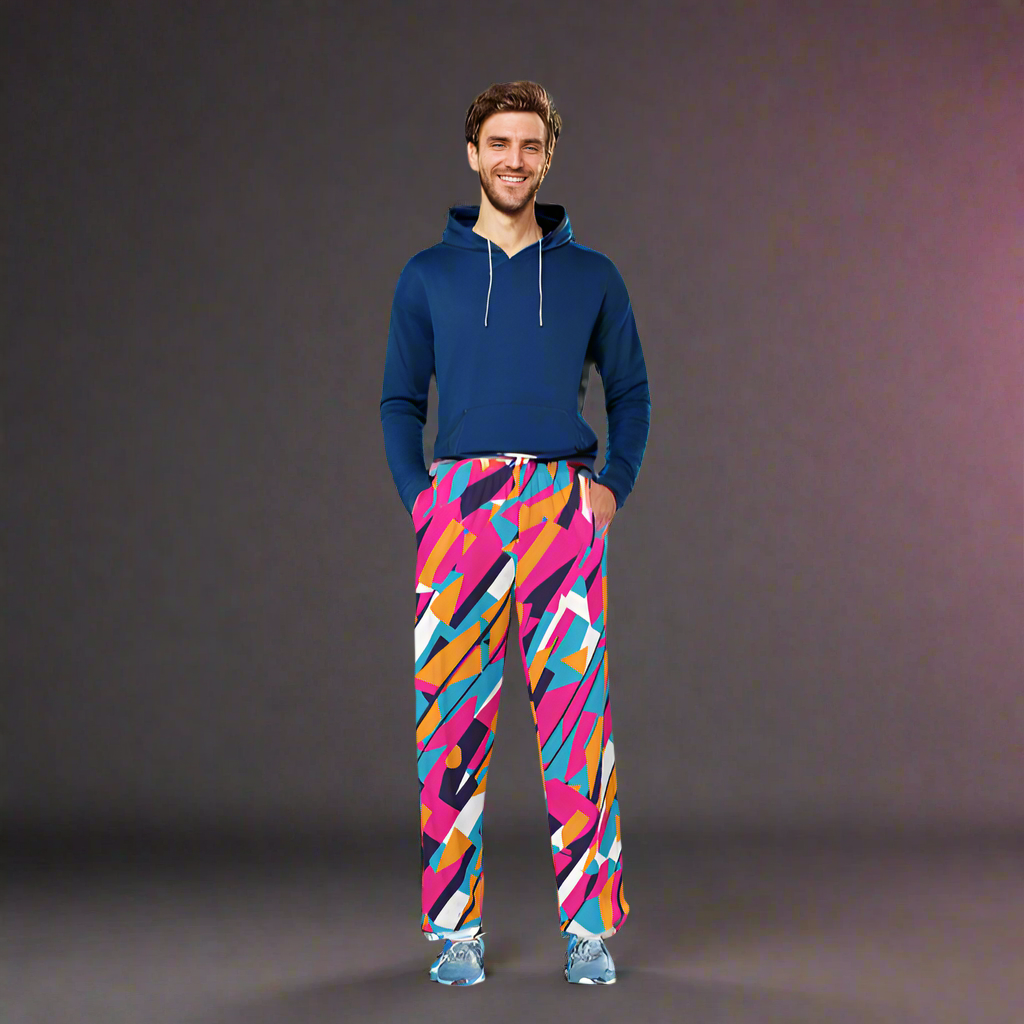 Wide leg straight pants, unisex, pink, orange, turquoise, black, geometric, abstract | 1005