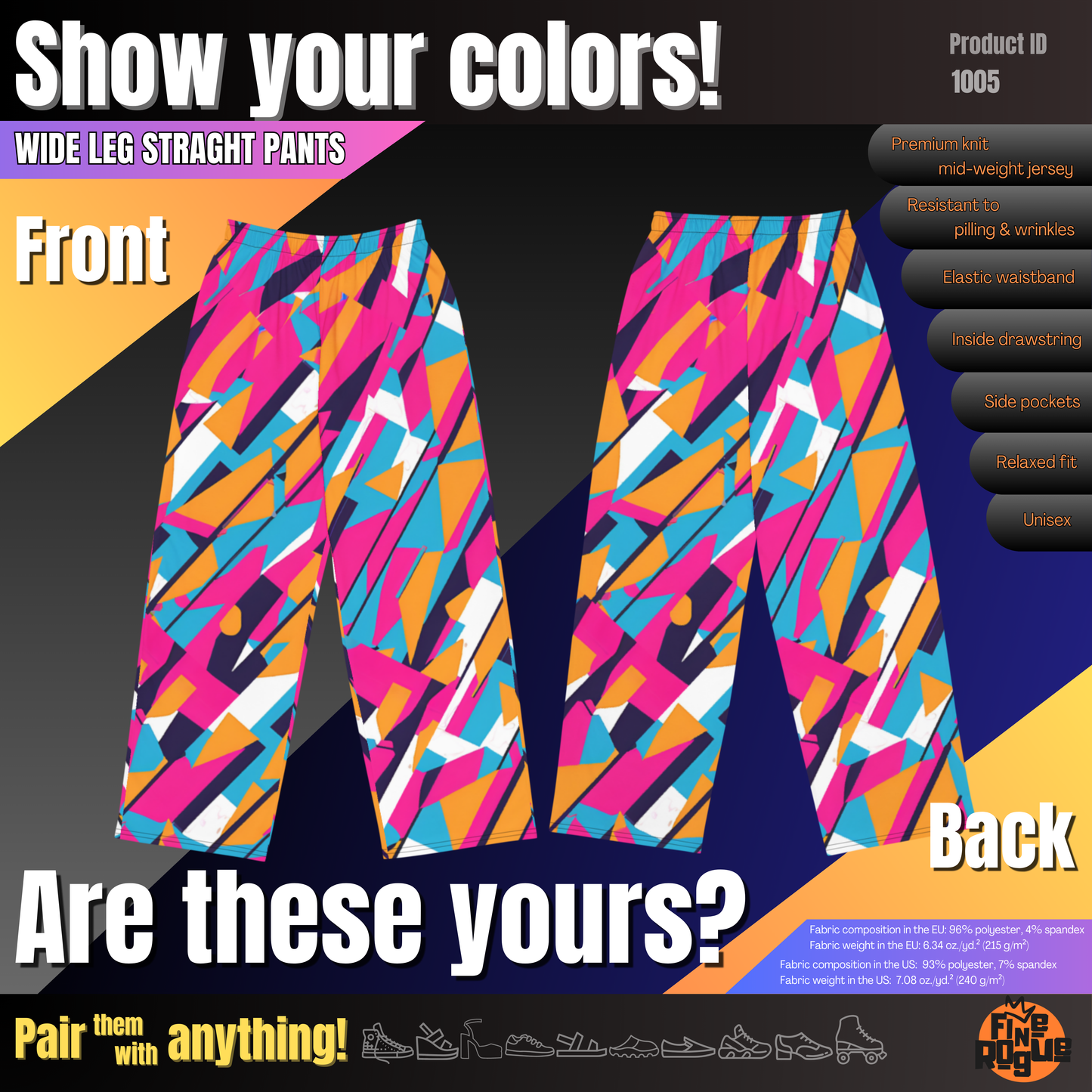Wide leg straight pants, unisex, pink, orange, turquoise, black, geometric, abstract | 1005