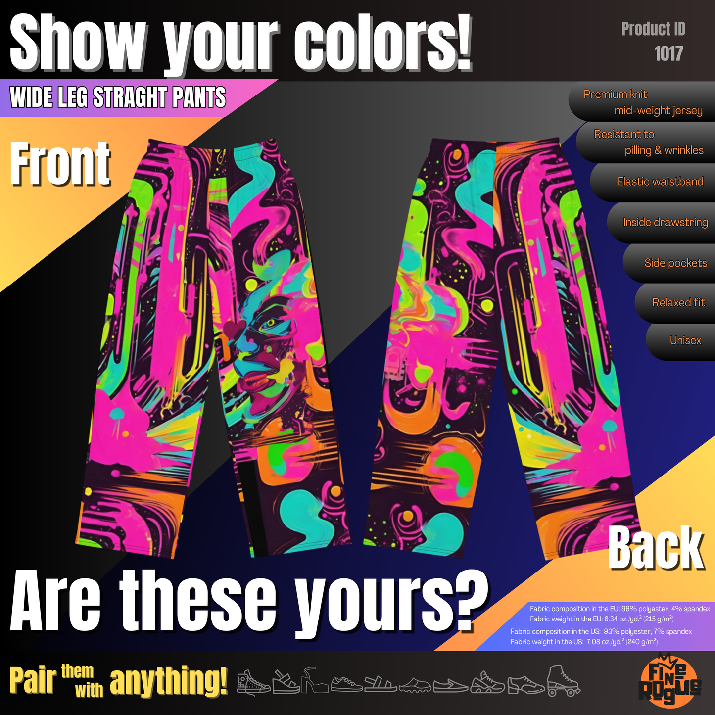 Wide leg straight pants, unisex, pink, teal, black, abstract | 1017