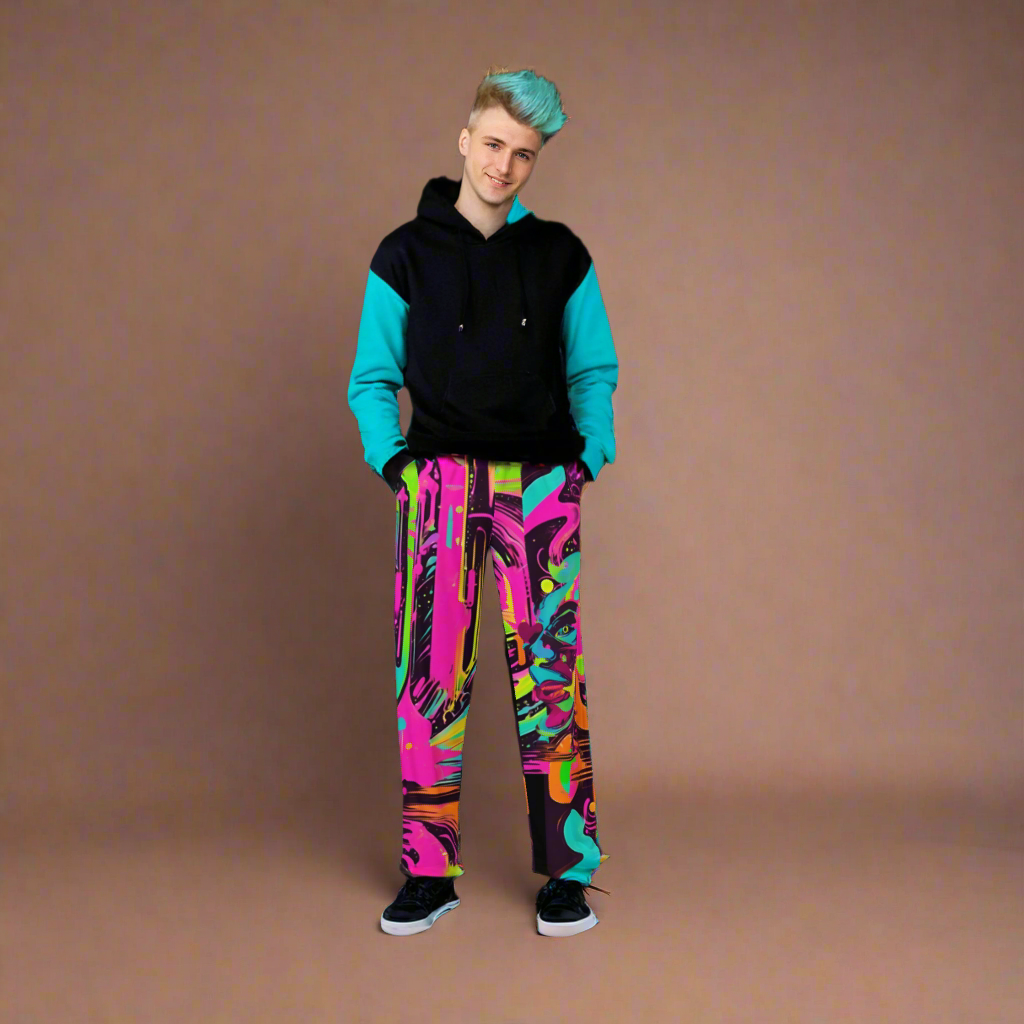 Wide leg straight pants, unisex, pink, teal, black, abstract | 1017