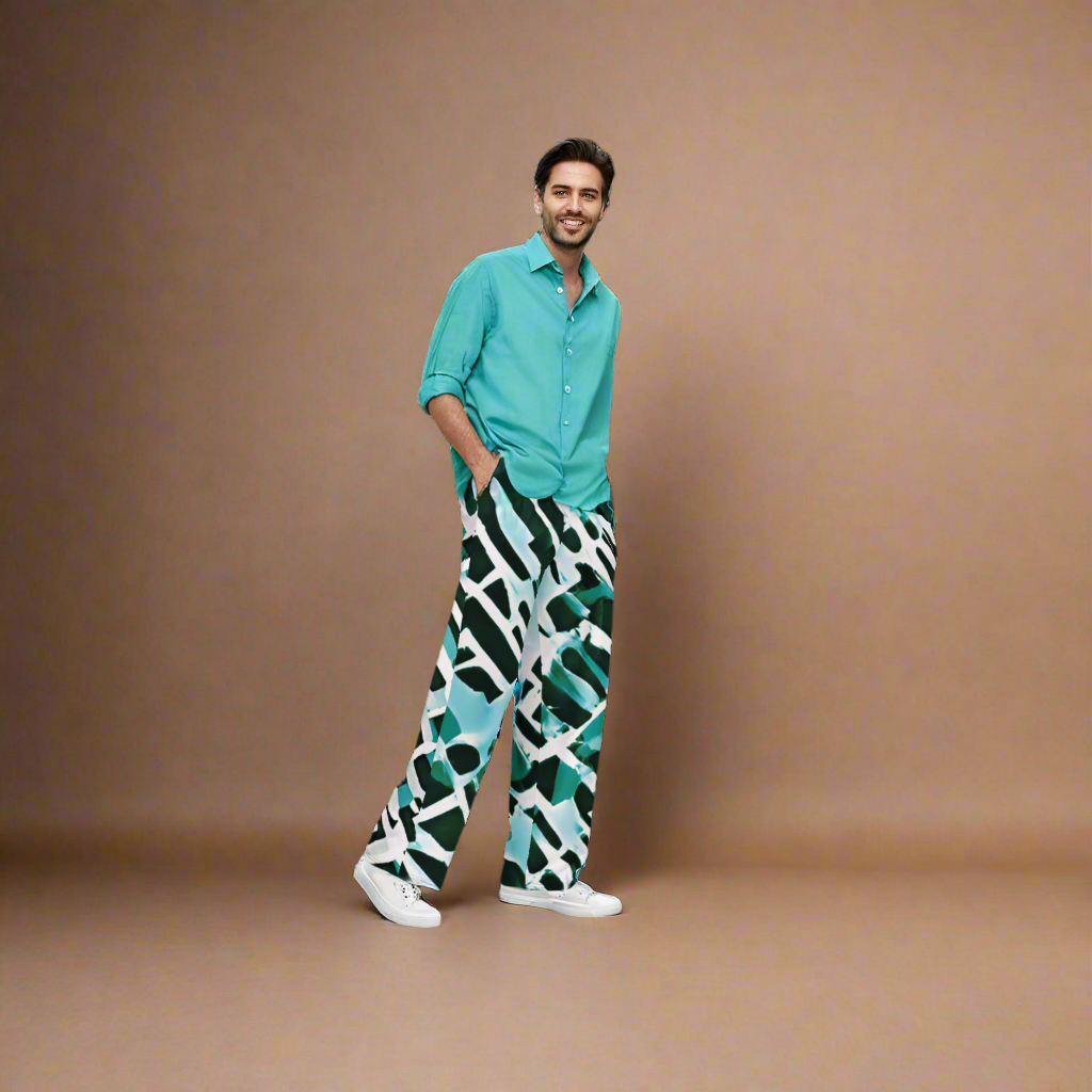 Wide leg straight pants, unisex, teal, green, white, black, abstract | 1014