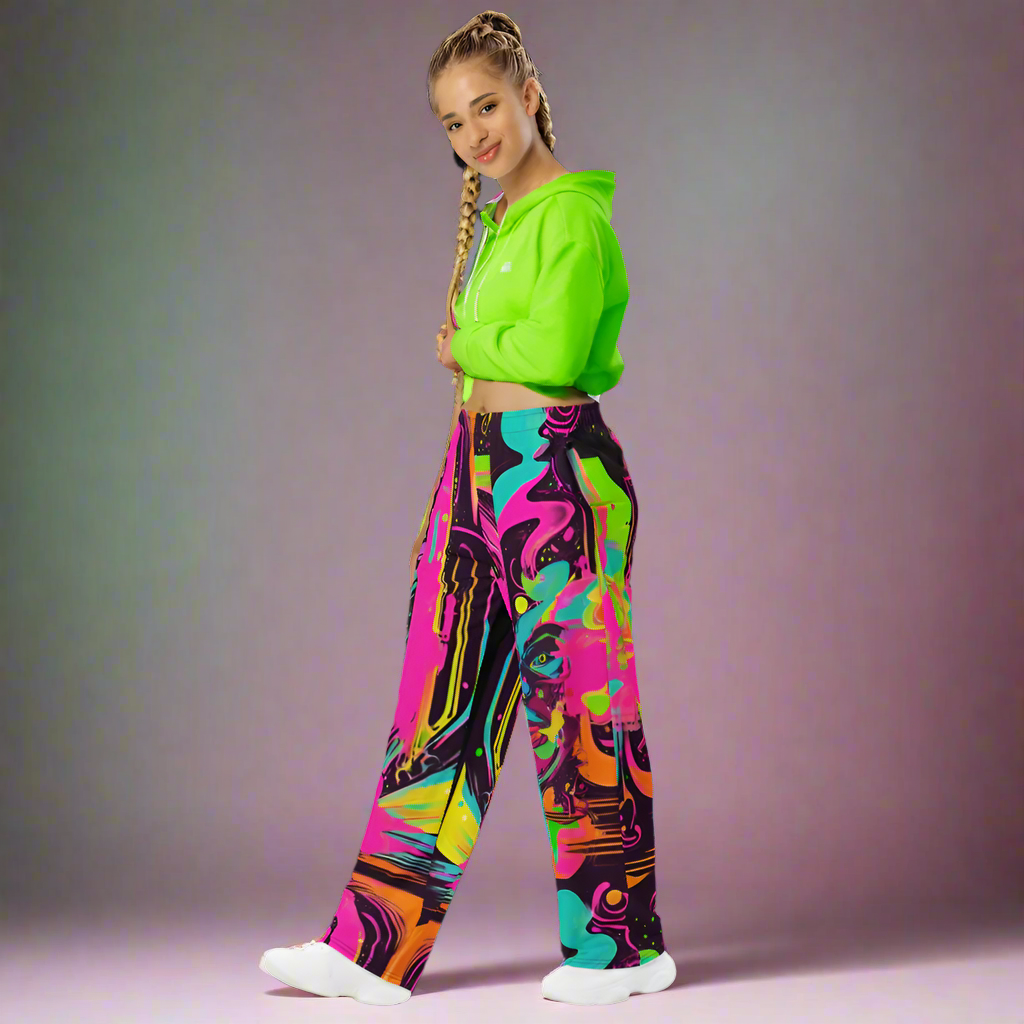 Wide leg straight pants, unisex, pink, teal, black, abstract | 1017