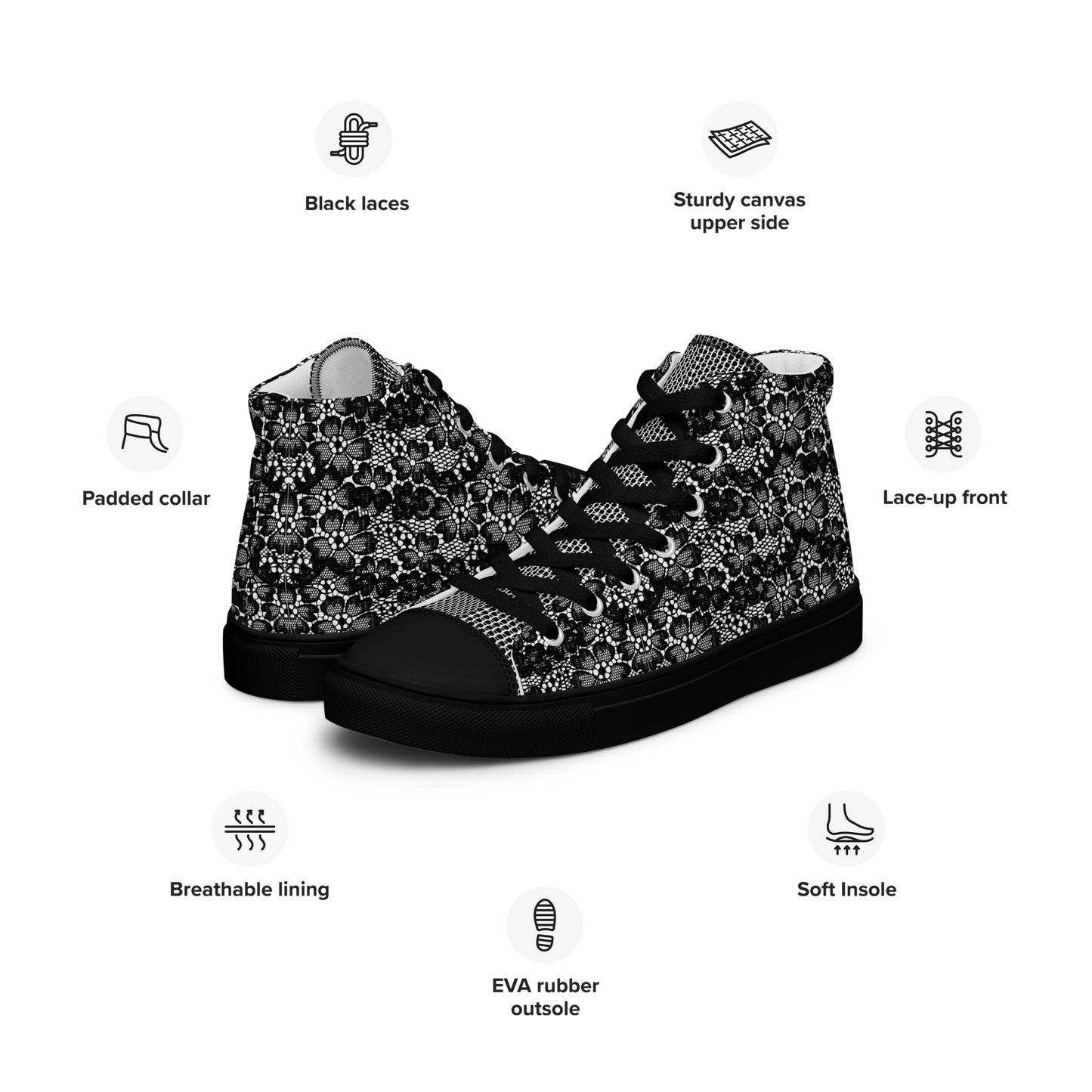 Women’s high top canvas shoes - Black Lace Print - Romantic Noir | 10003