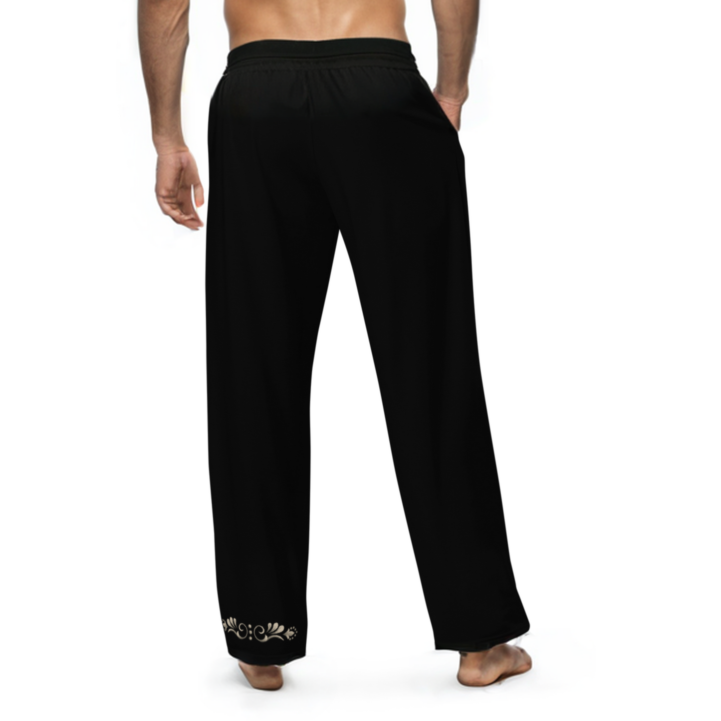 Tango Casual Pants – Damask Ecru Motif, Wide Leg Unisex Black Pants | 1055