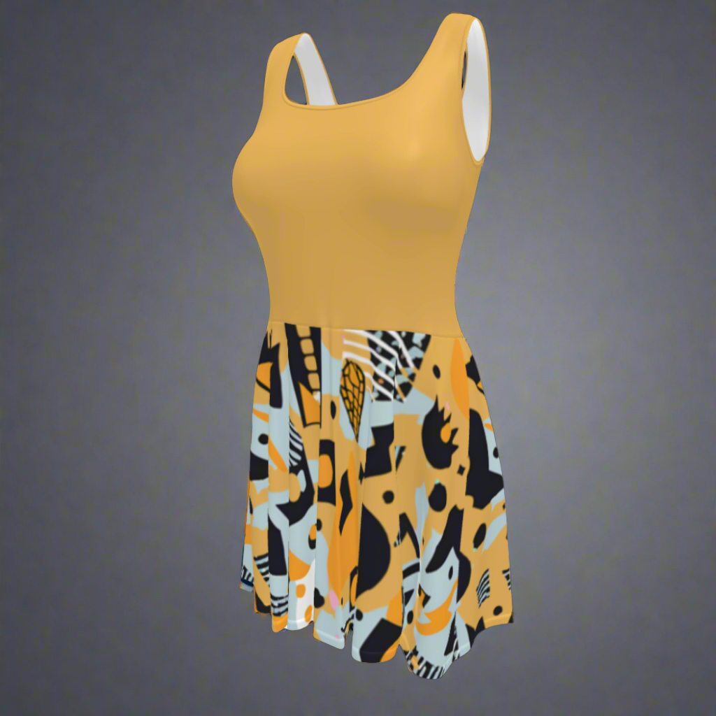 Flare short sleeveless dress, yellow, black, white, teal, abstract, funk | 3009