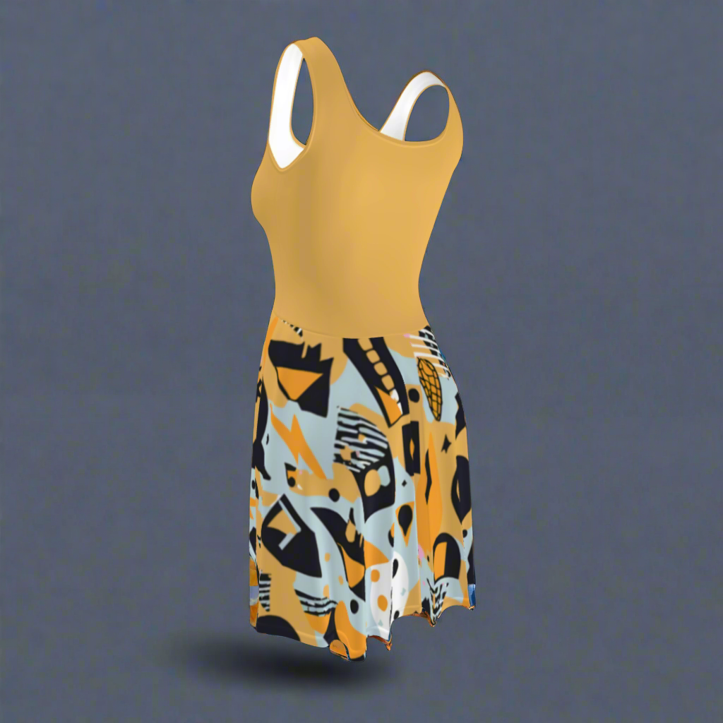 Flare short sleeveless dress, yellow, black, white, teal, abstract, funk | 3009