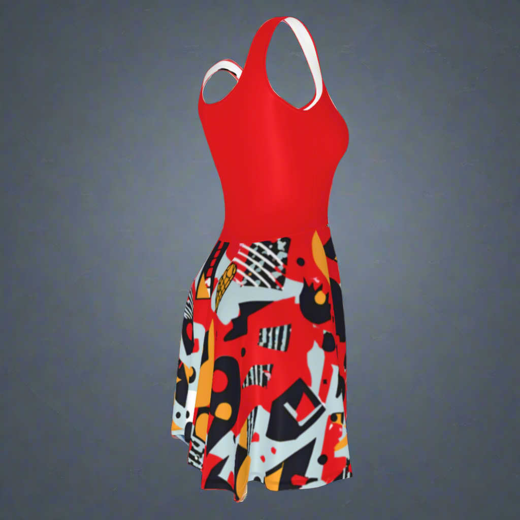 Flare short sleeveless dress, red, black, yellow, light blue, abstract, funk | 3010