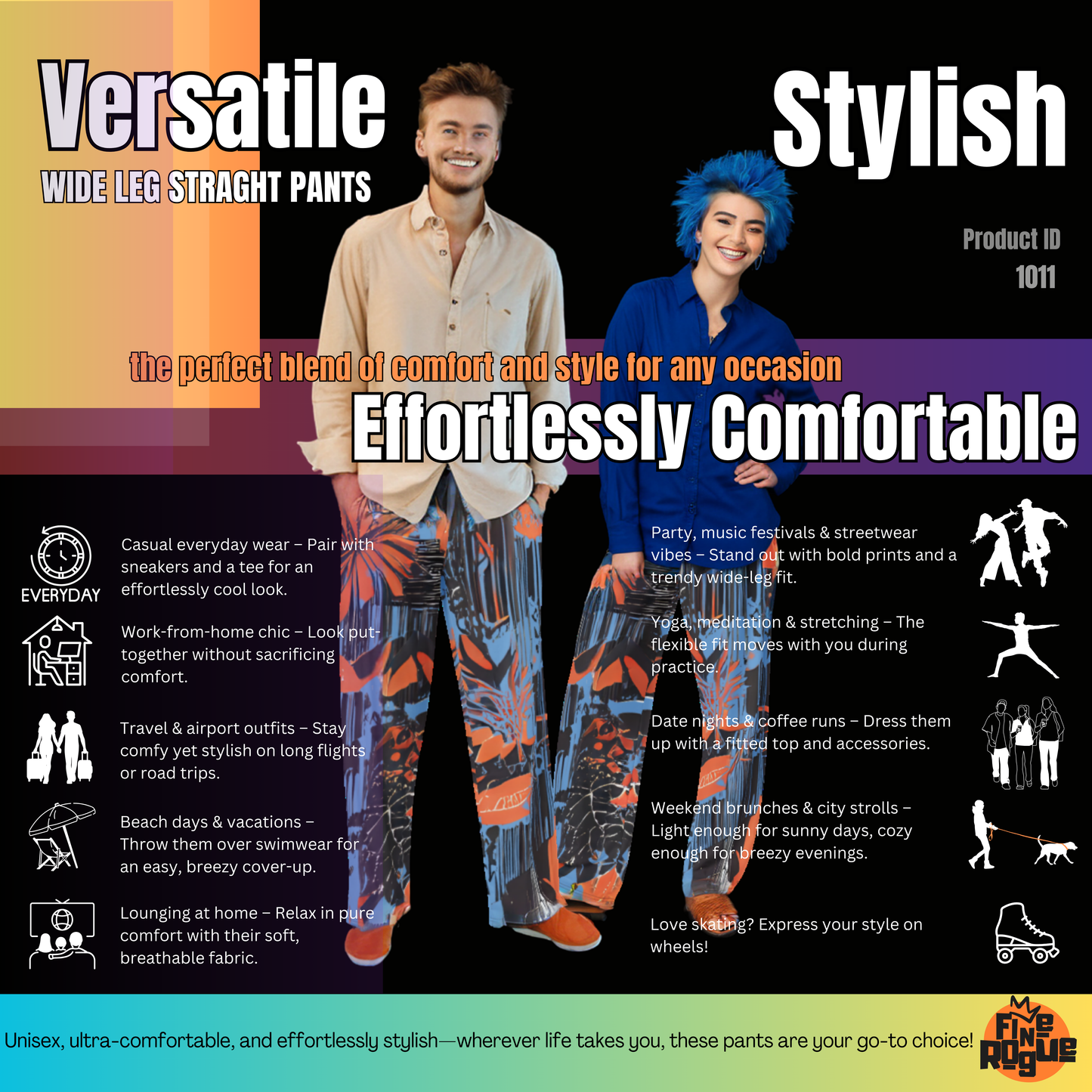 Wide leg straight pants, unisex, orange, blue, floral, abstract | 1011