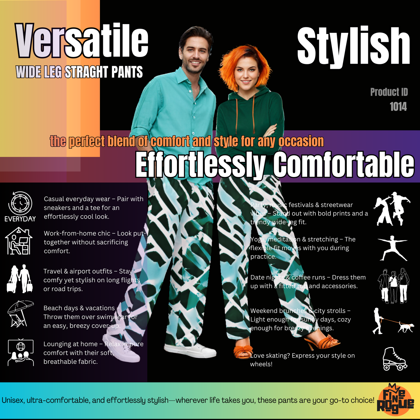 Wide leg straight pants, unisex, teal, green, white, black, abstract | 1014