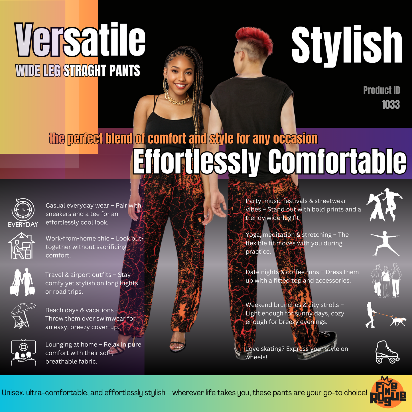 Wide leg straight pants, unisex, lava, orange, red, black | 1033