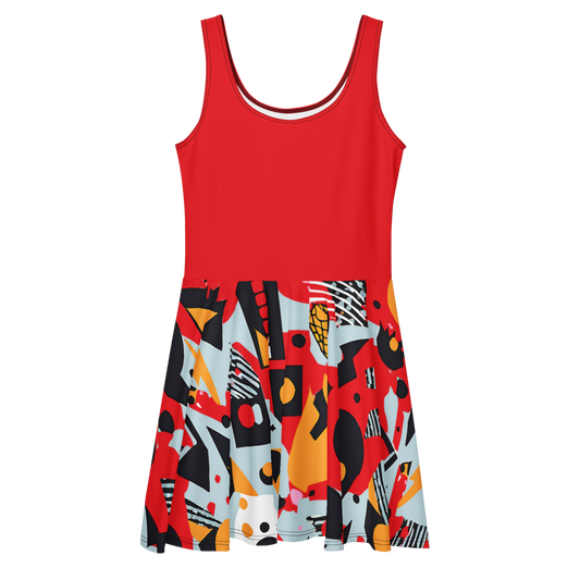 Flare short sleeveless dress, red, black, yellow, light blue, abstract, funk | 3010