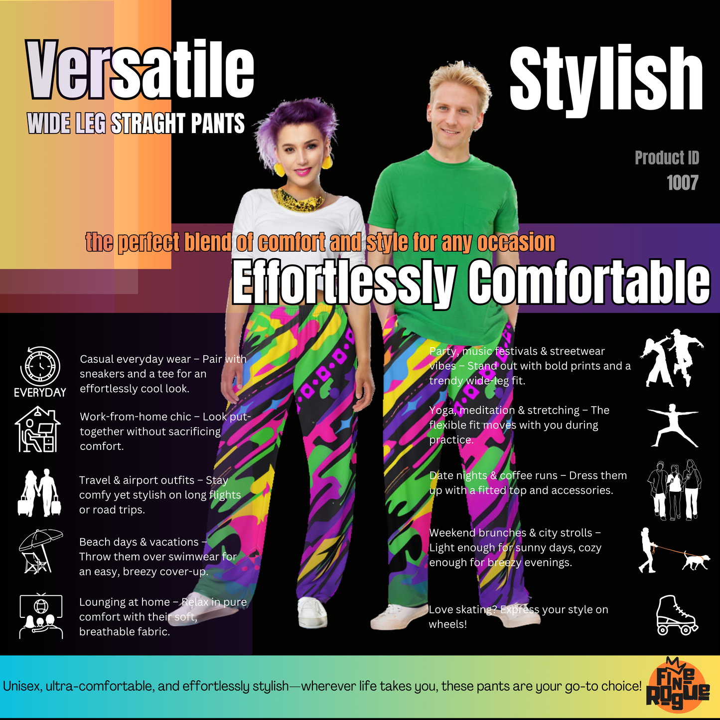 Wide leg straight pants, unisex, purple, green, yellow, abstract, color dash | 1036