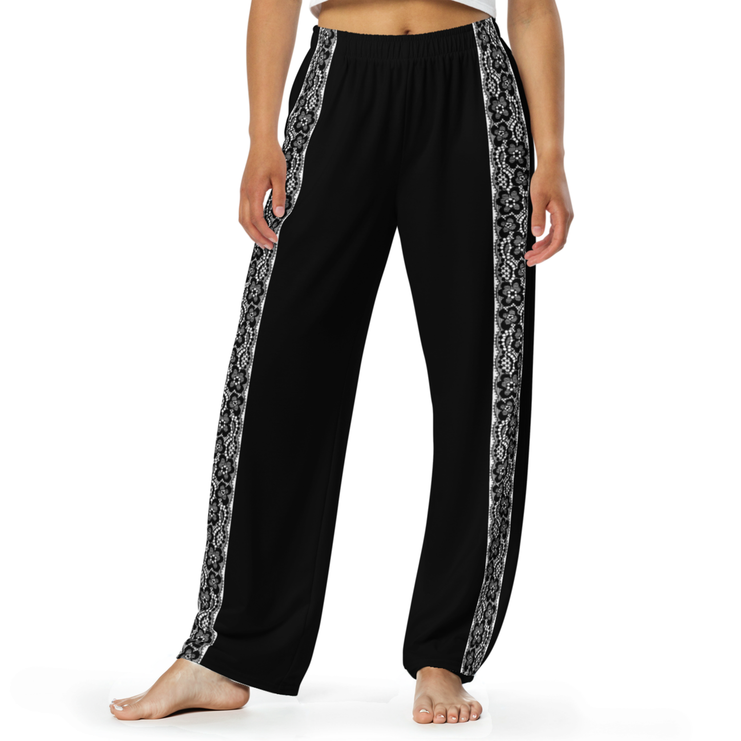 Wide leg pants - Black Lace Print Decoration, Romantic Noir | 10001