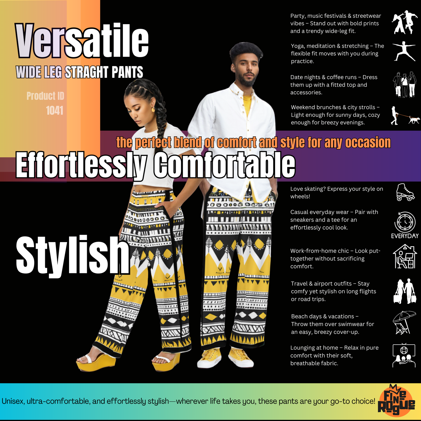 Wide Leg Pants Unisex - Yellow Black Boho Fusion | 1041