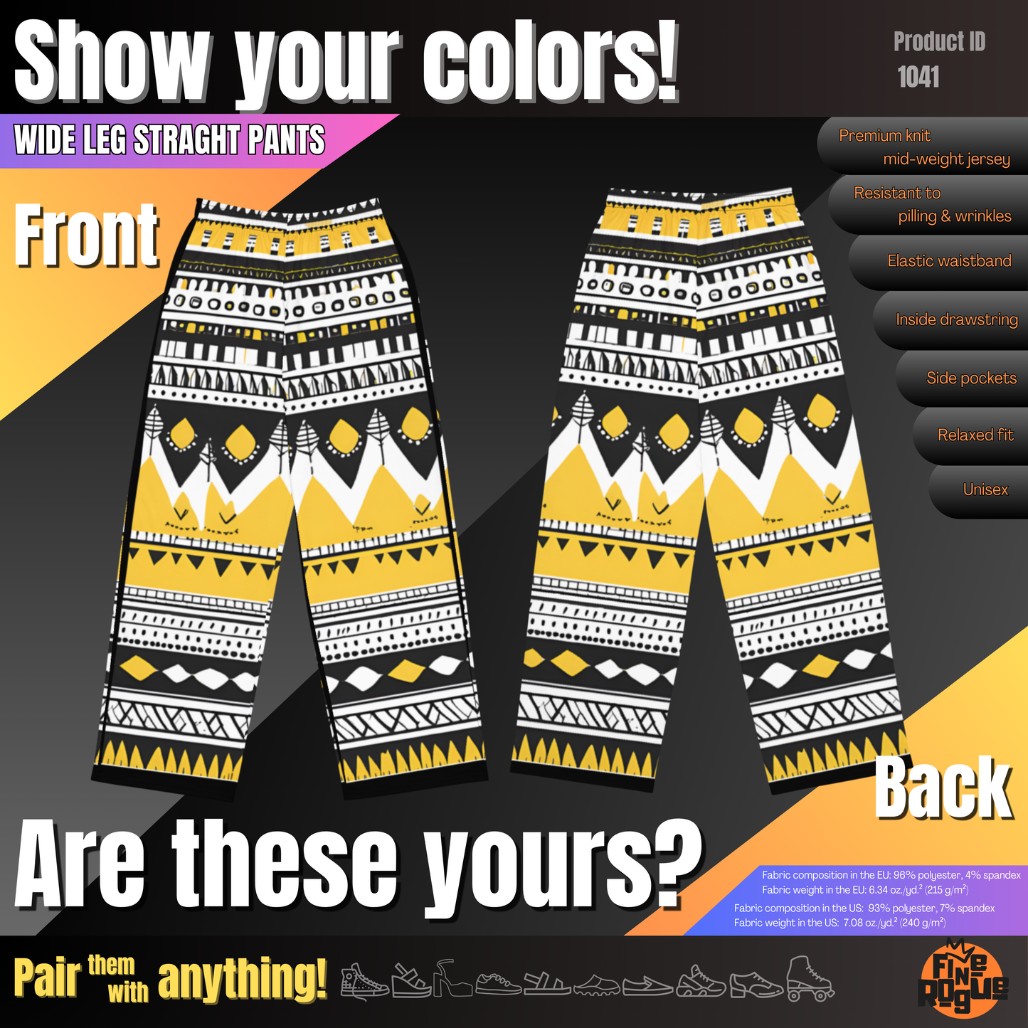 Wide Leg Pants Unisex - Yellow Black Boho Fusion | 1041