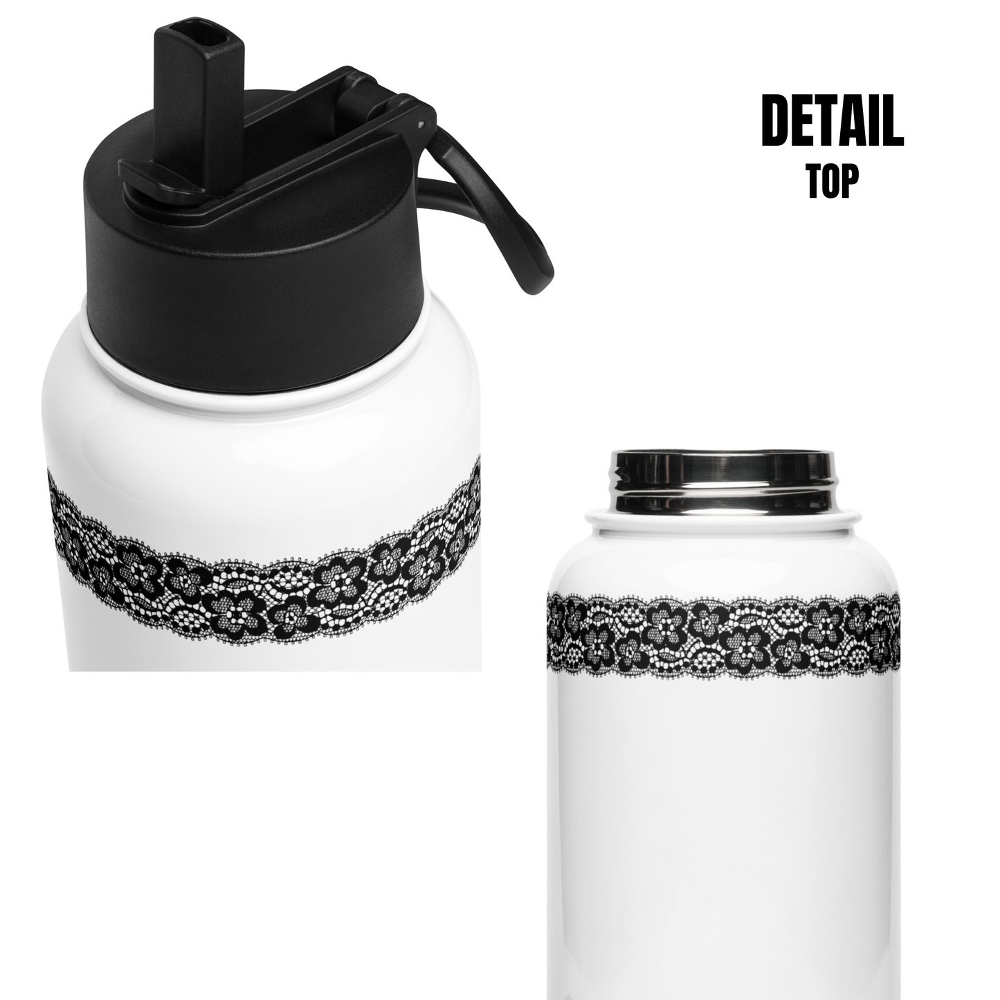 Water Bottle - White, Stainless steel, straw lid, 32 oz/950 ml - Romantic Noir | 10007