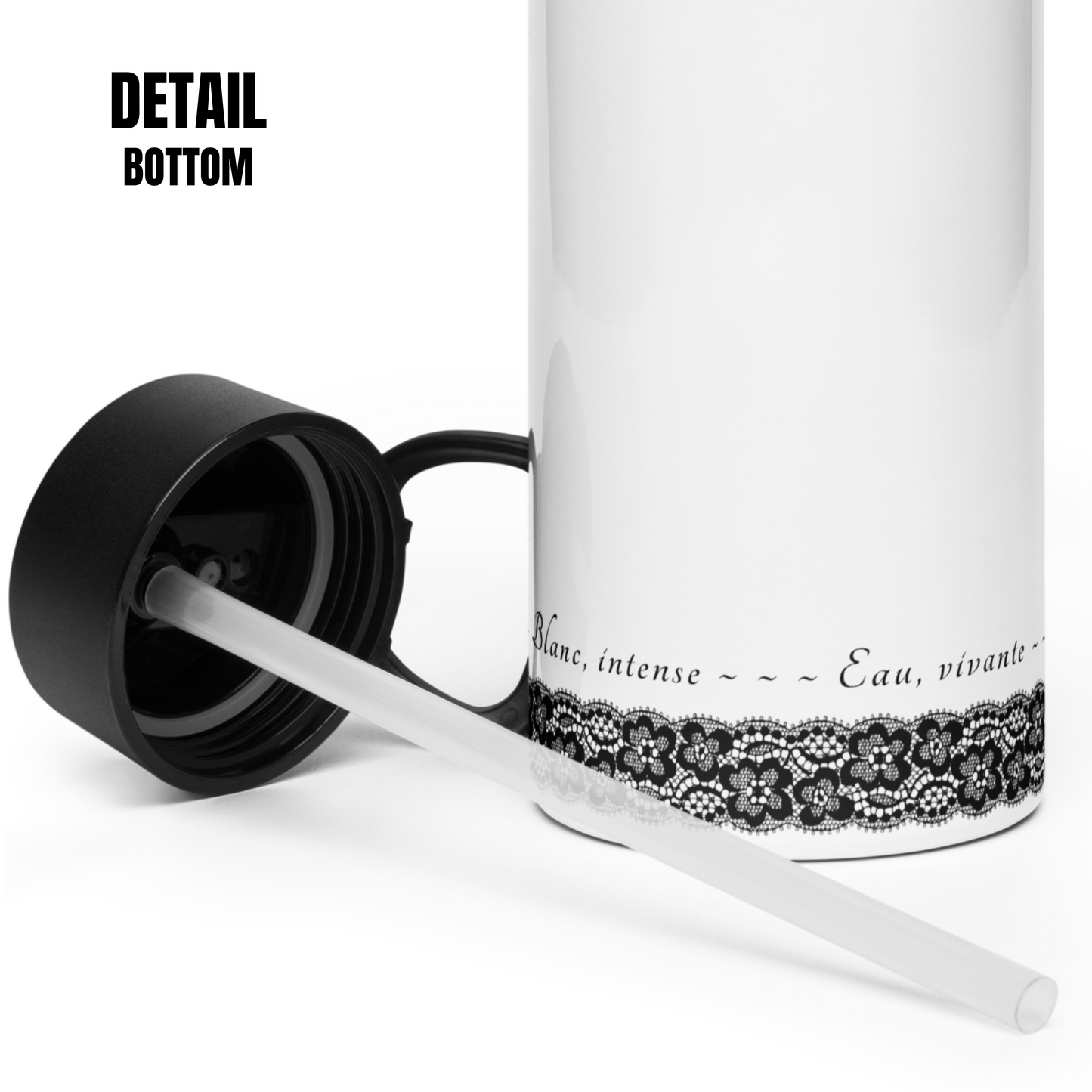 Water Bottle - White, Stainless steel, straw lid, 32 oz/950 ml - Romantic Noir | 10007