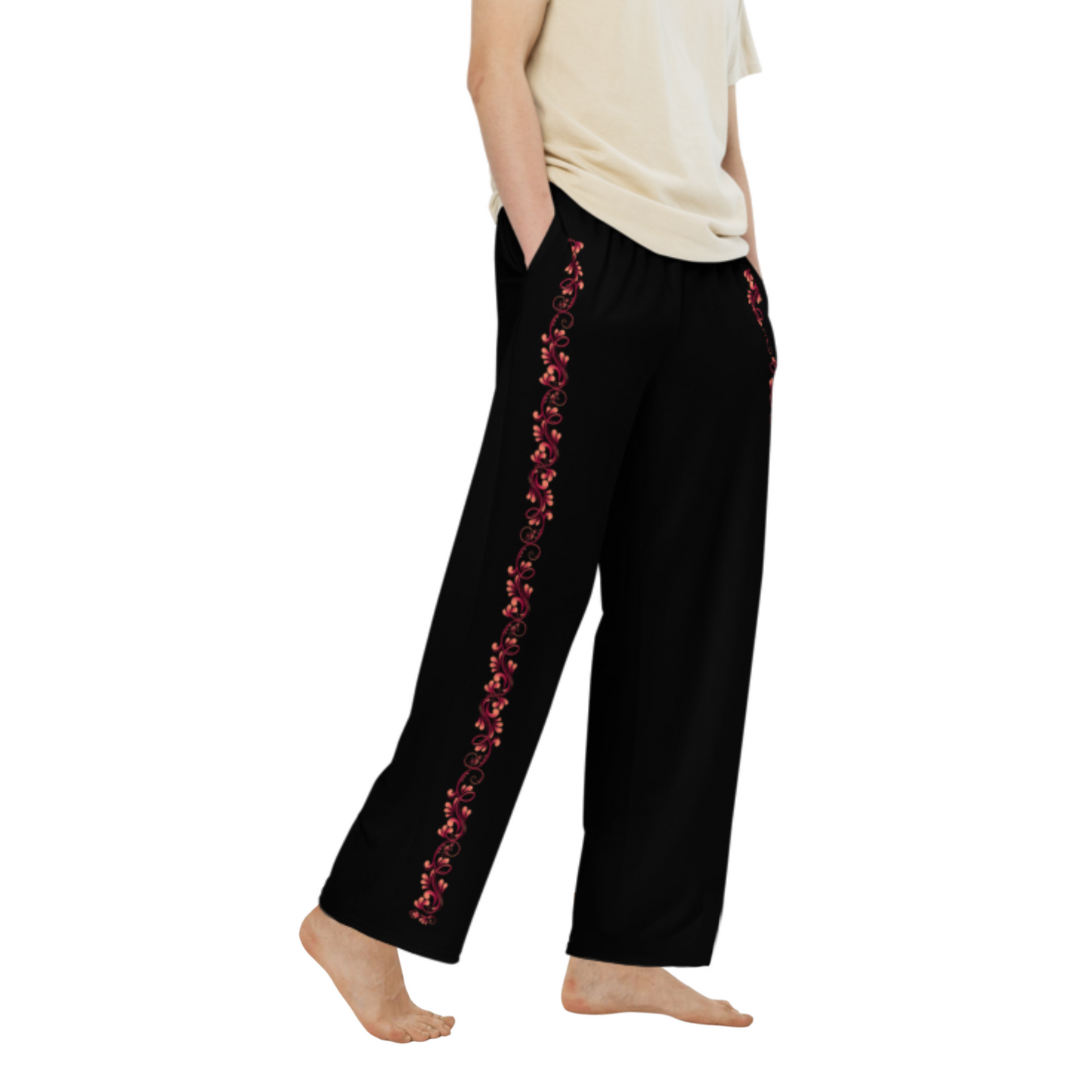 Tango Casual Pants - Red Vine decoration - Wide Leg Unisex Black Pants | 1066