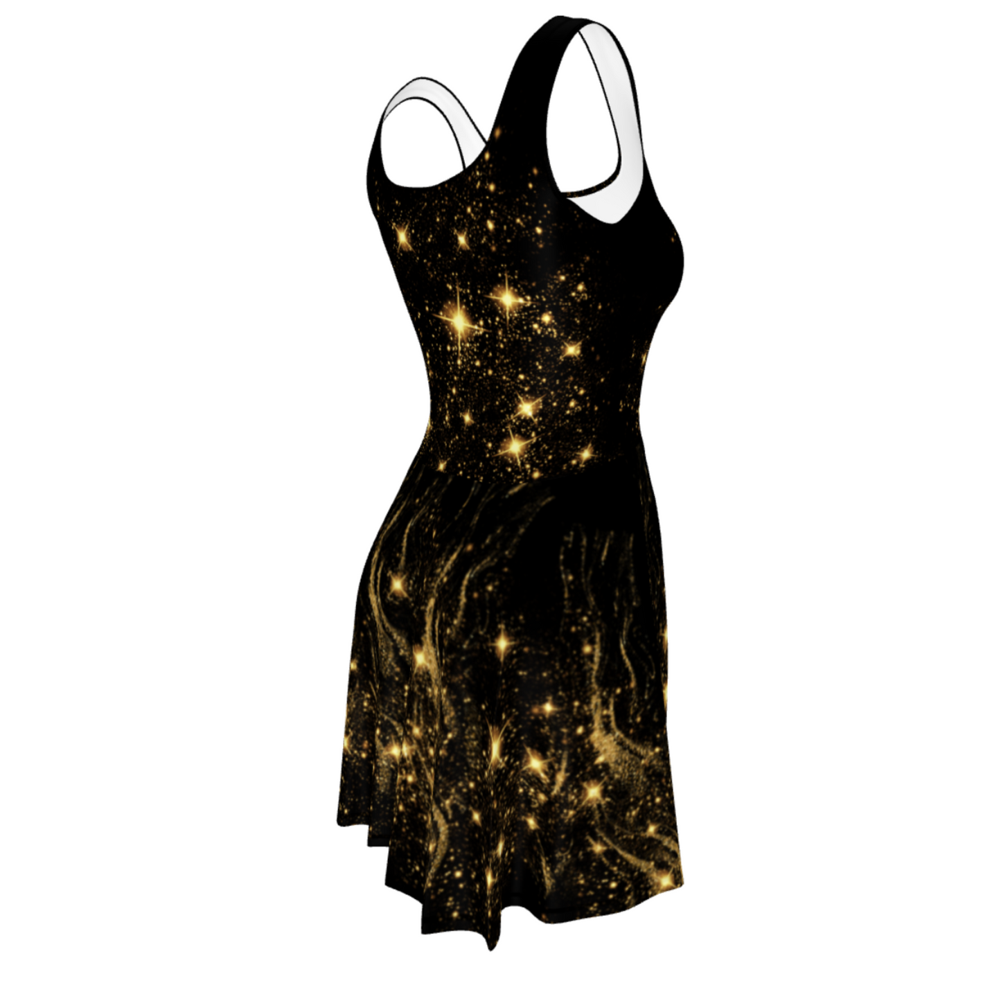 Flare Short Sleeveless Dress - Black Gold Stars | 3002