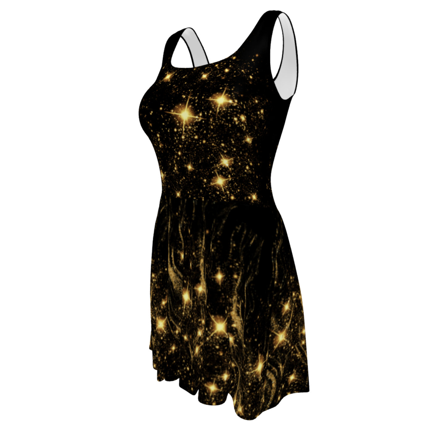 Flare Short Sleeveless Dress - Black Gold Stars | 3002