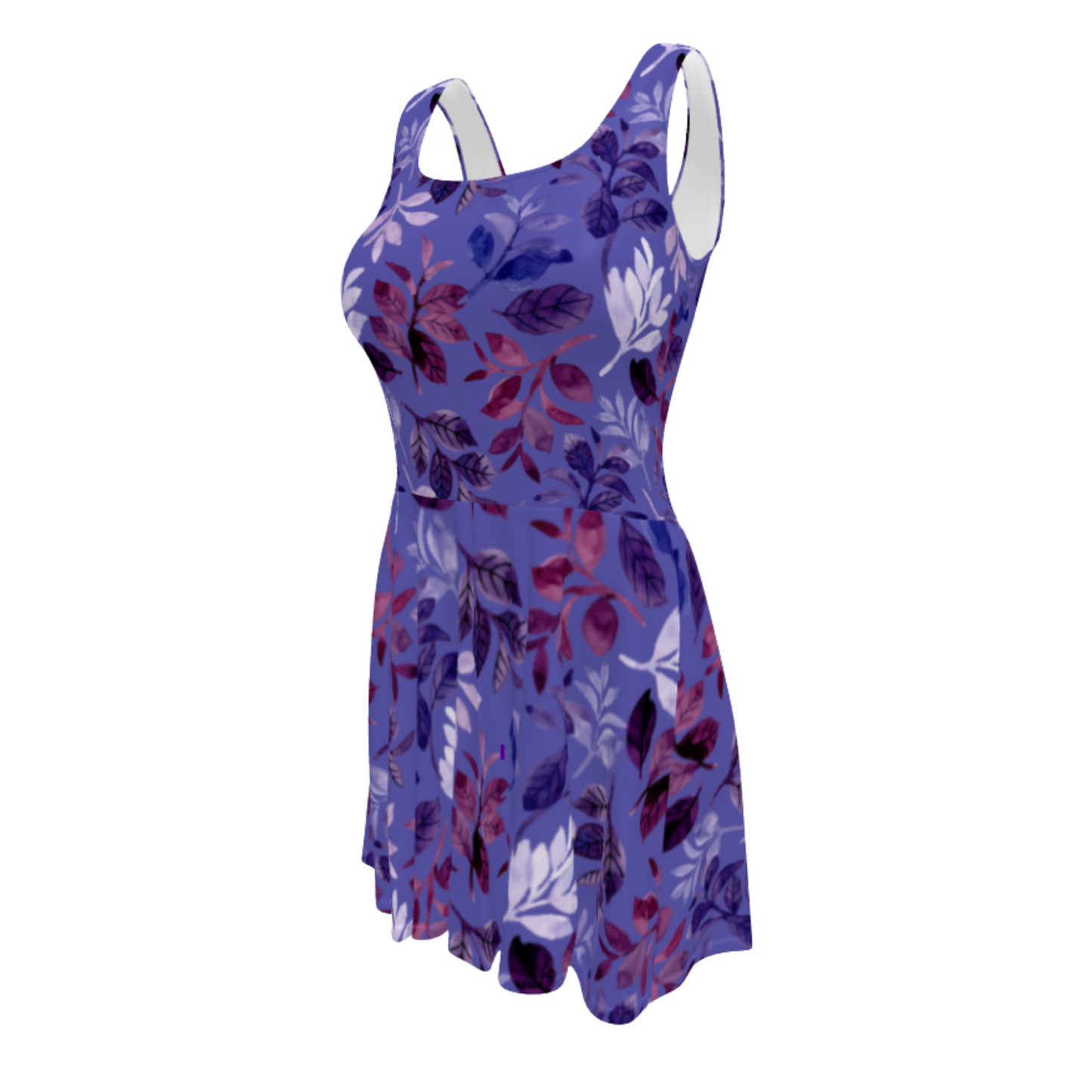 Flare Short Sleeveless Dress - Floral Violet Purple Leaves | 3004
