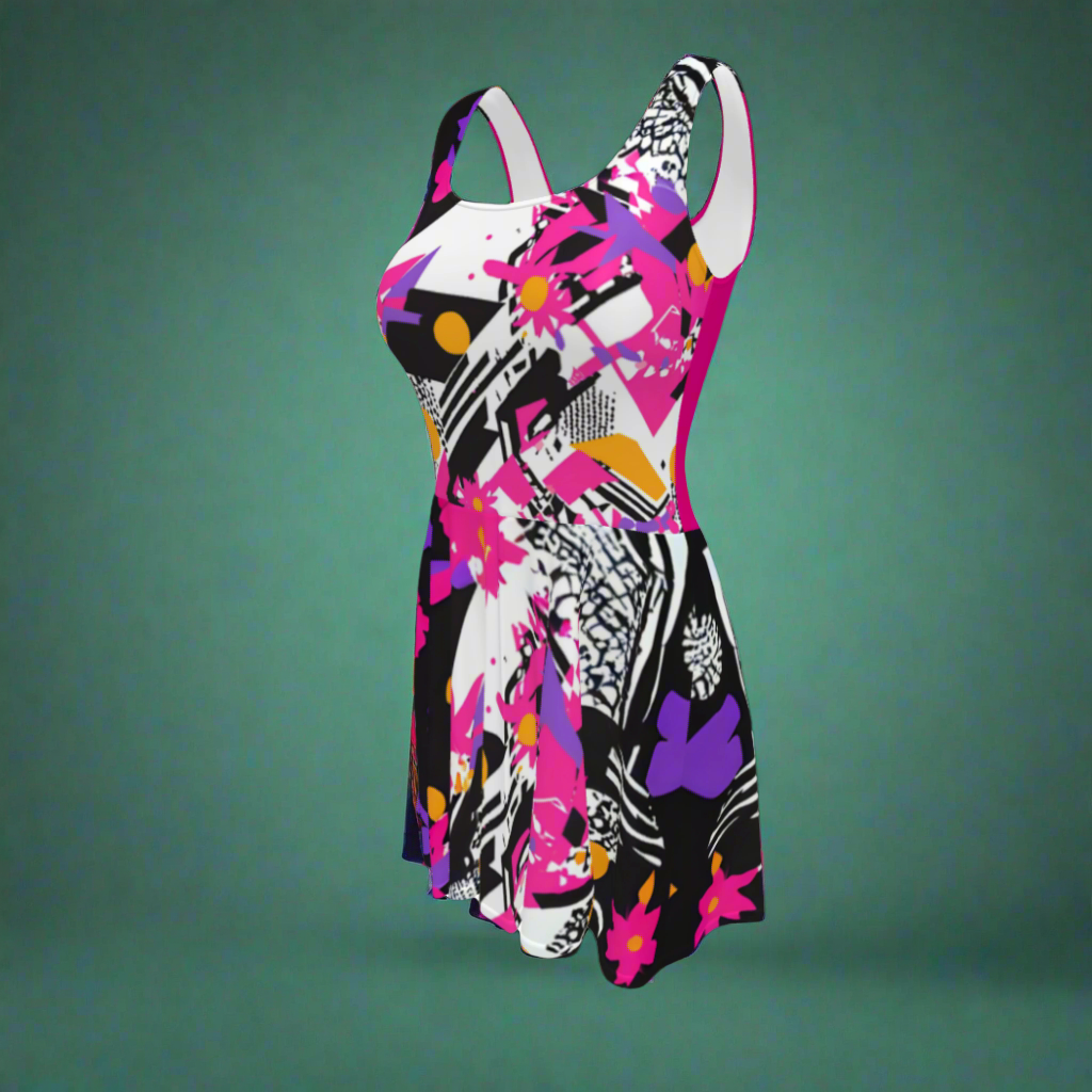 Flare short sleeveless dress, fuchsia, black, white, orange, abstract, funk | 3008