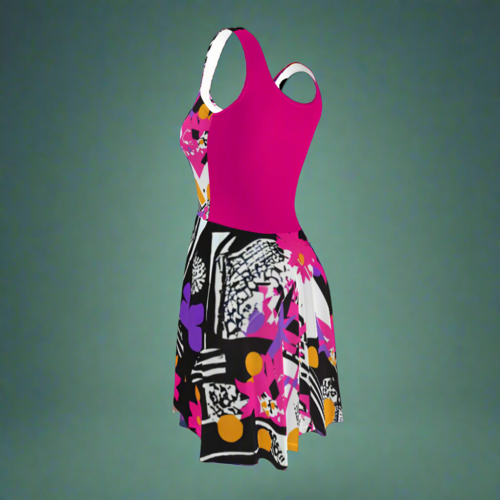 Flare short sleeveless dress, fuchsia, black, white, orange, abstract, funk | 3008