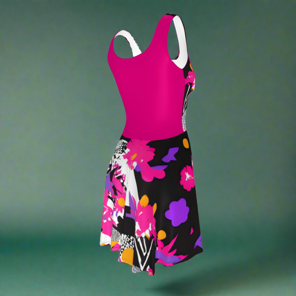 Flare short sleeveless dress, fuchsia, black, white, orange, abstract, funk | 3008