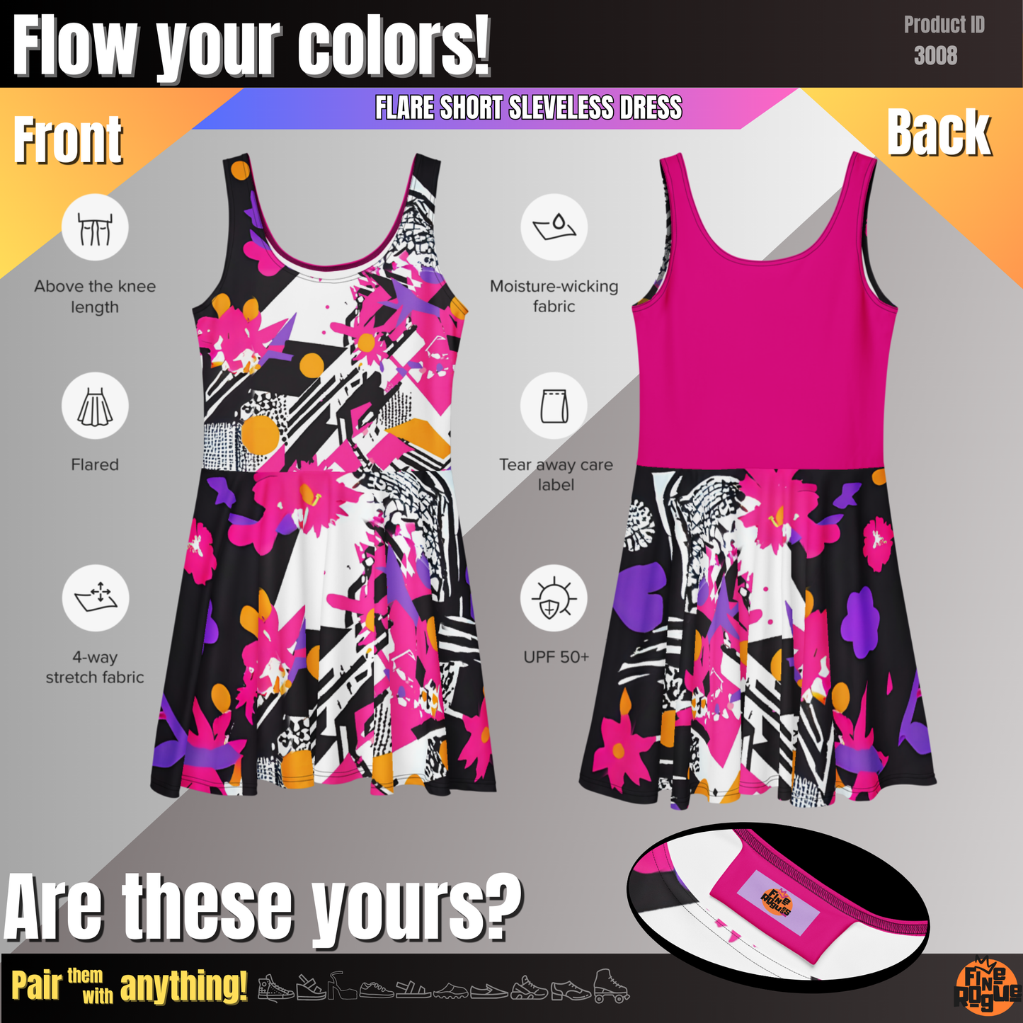 Flare short sleeveless dress, fuchsia, black, white, orange, abstract, funk | 3008