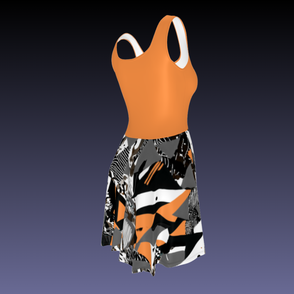 Flare short sleeveless dress,  orange, black, grey, white, abstract, funk | 3011