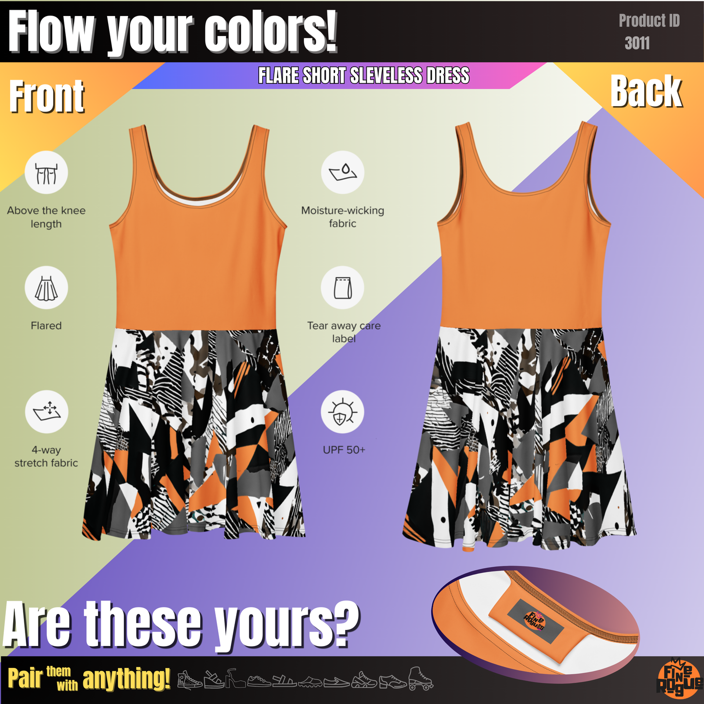 Flare short sleeveless dress,  orange, black, grey, white, abstract, funk | 3011