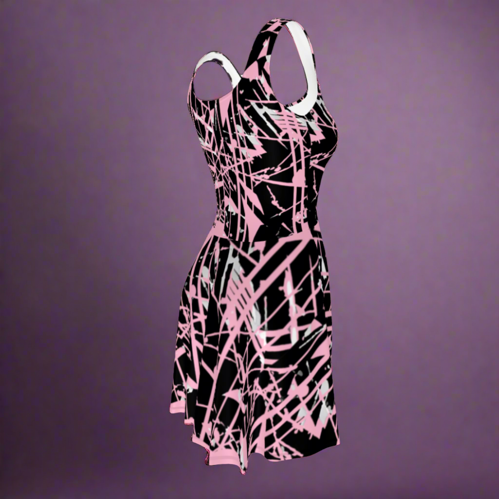 Flare short sleeveless dress, dusty pink, black, gray, abstract, funk | 3012
