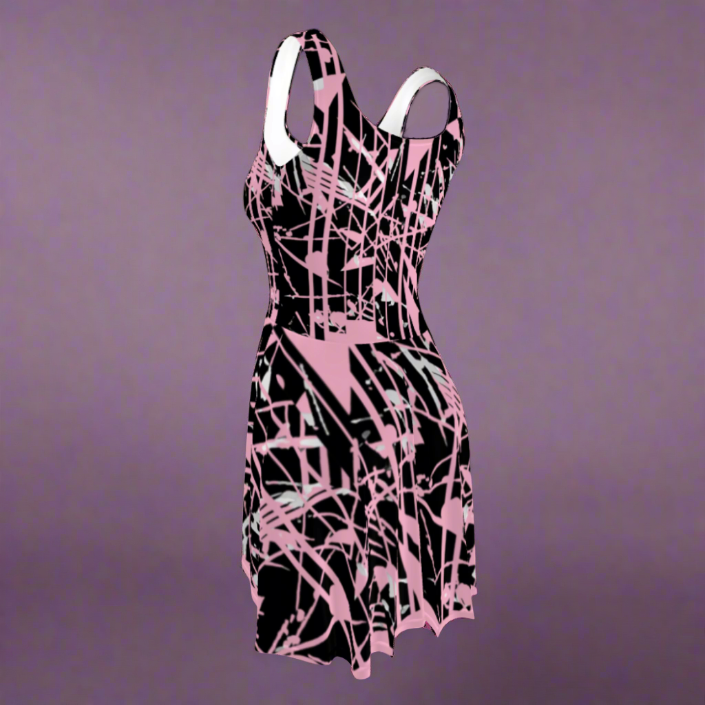 Flare short sleeveless dress, dusty pink, black, gray, abstract, funk | 3012