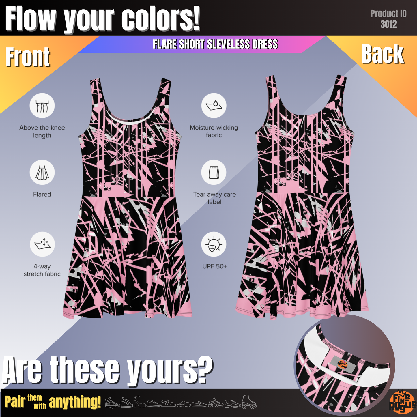 Flare short sleeveless dress, dusty pink, black, gray, abstract, funk | 3012