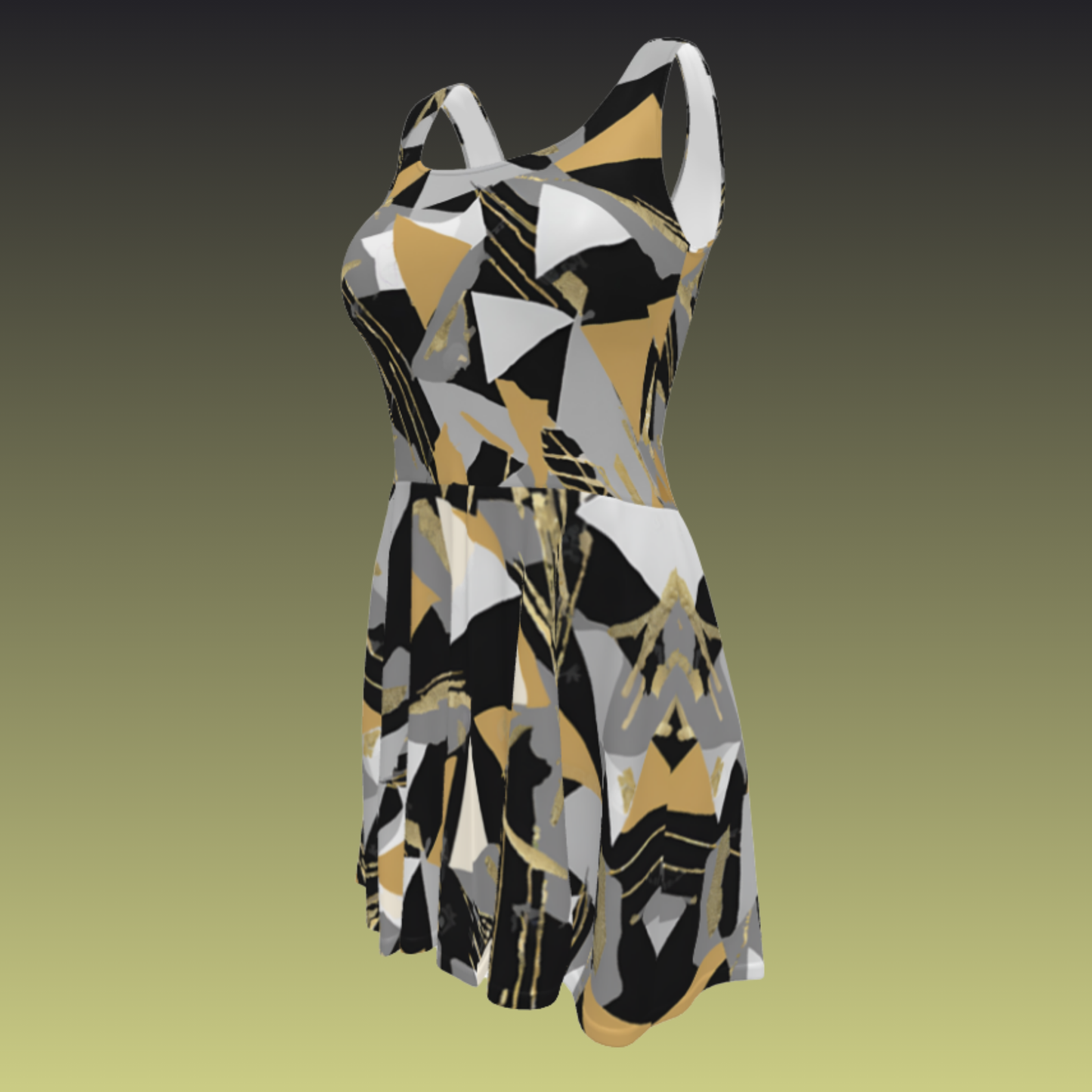 Flare short sleeveless dress, gold, black, gray, white, abstract, funk | 3014