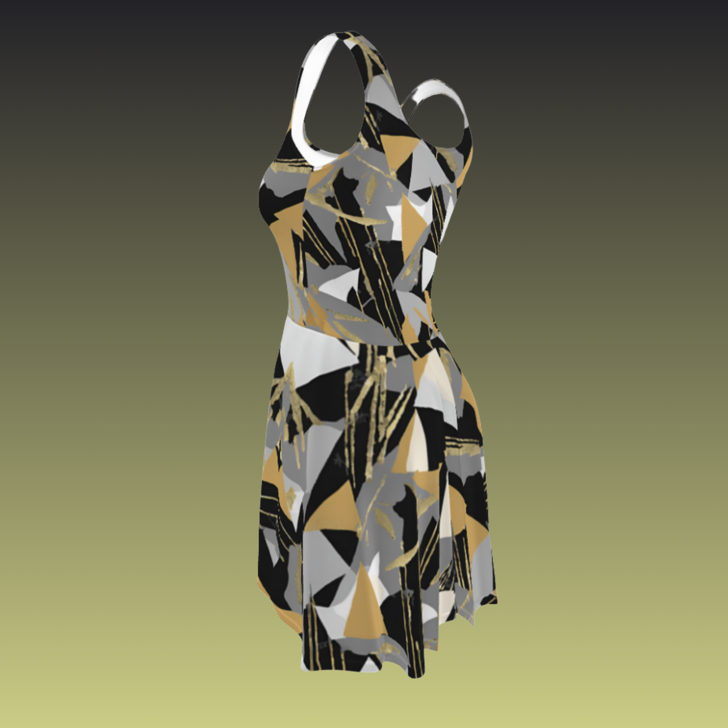Flare short sleeveless dress, gold, black, gray, white, abstract, funk | 3014