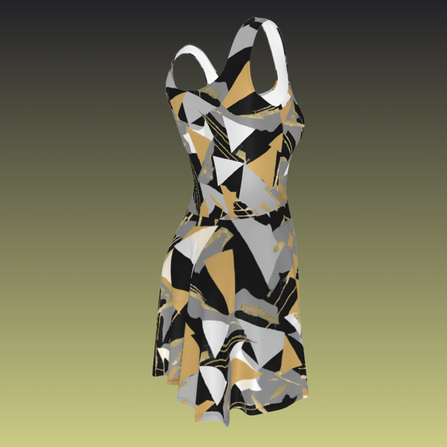 Flare short sleeveless dress, gold, black, gray, white, abstract, funk | 3014
