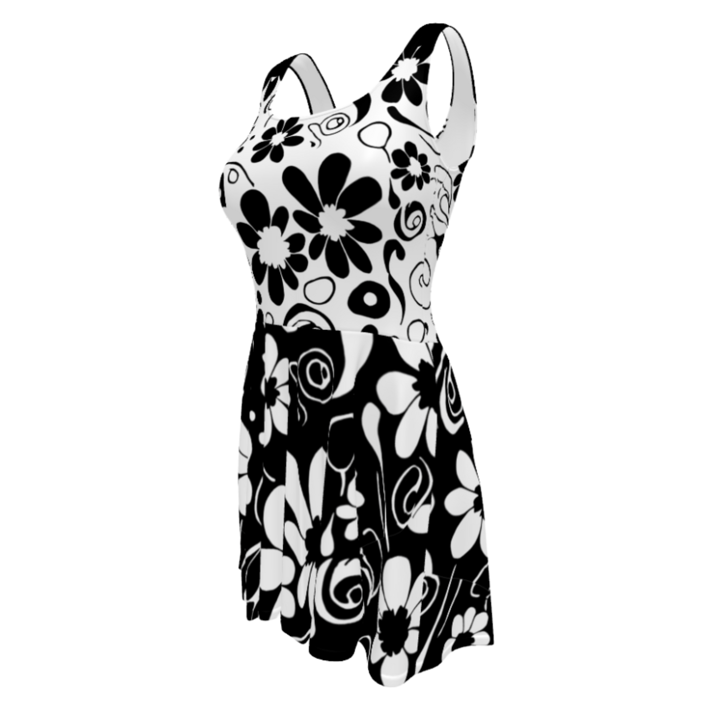 Flare Short Sleeveless Dress - Black & White Flowers | 3017