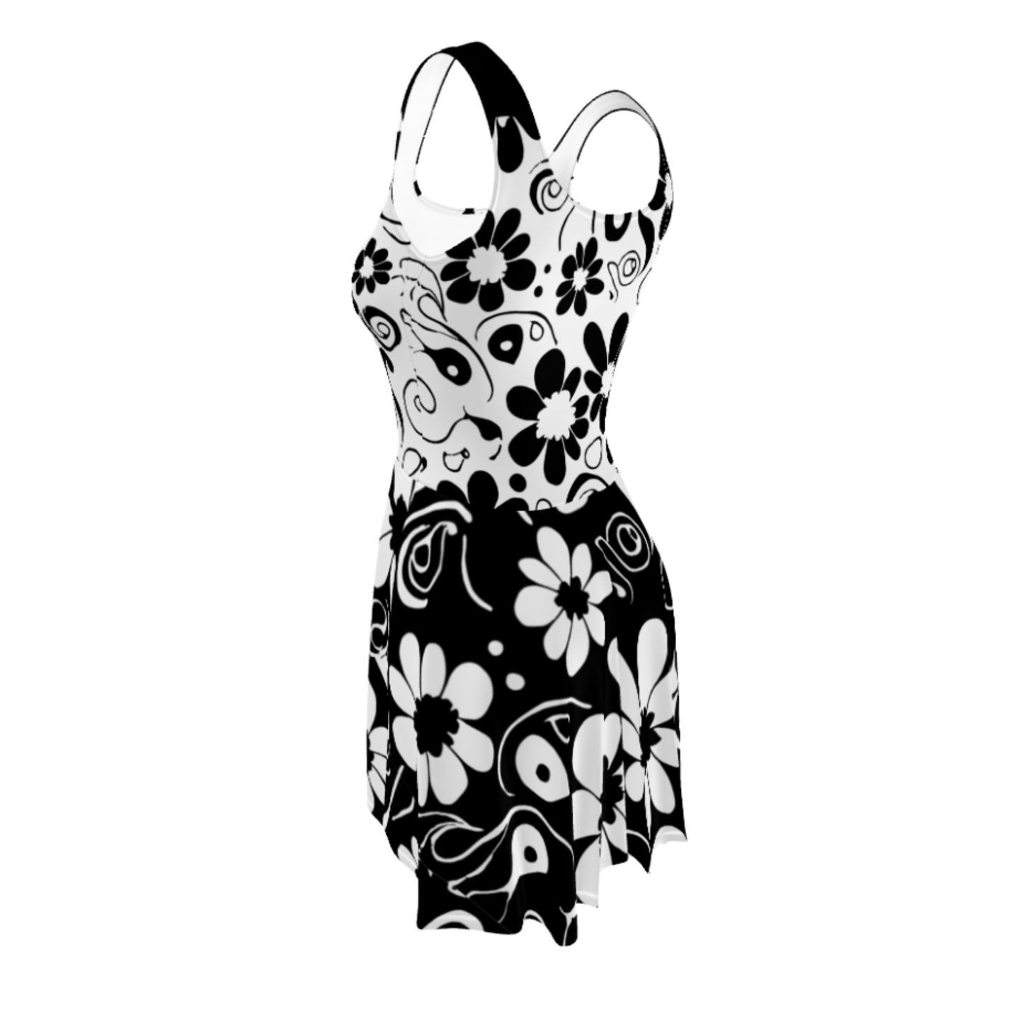 Flare Short Sleeveless Dress - Black & White Flowers | 3017