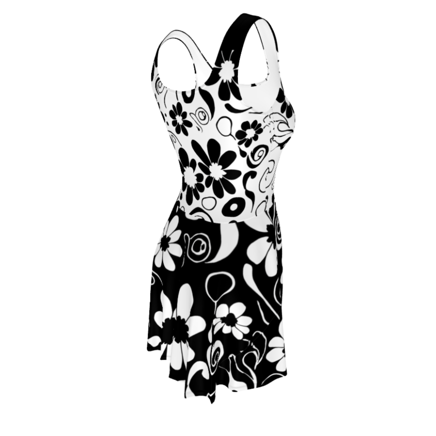 Flare Short Sleeveless Dress - Black & White Flowers | 3017