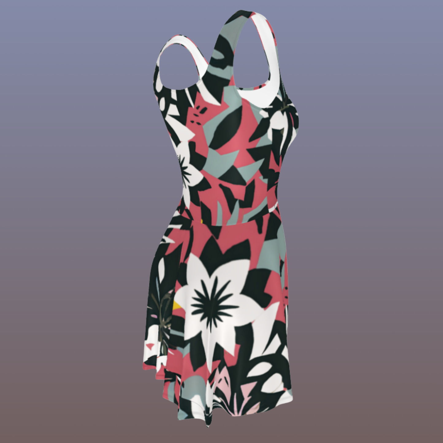 Flare short sleeveless dress, brick red, black, white, flower, abstract, funk | 3025