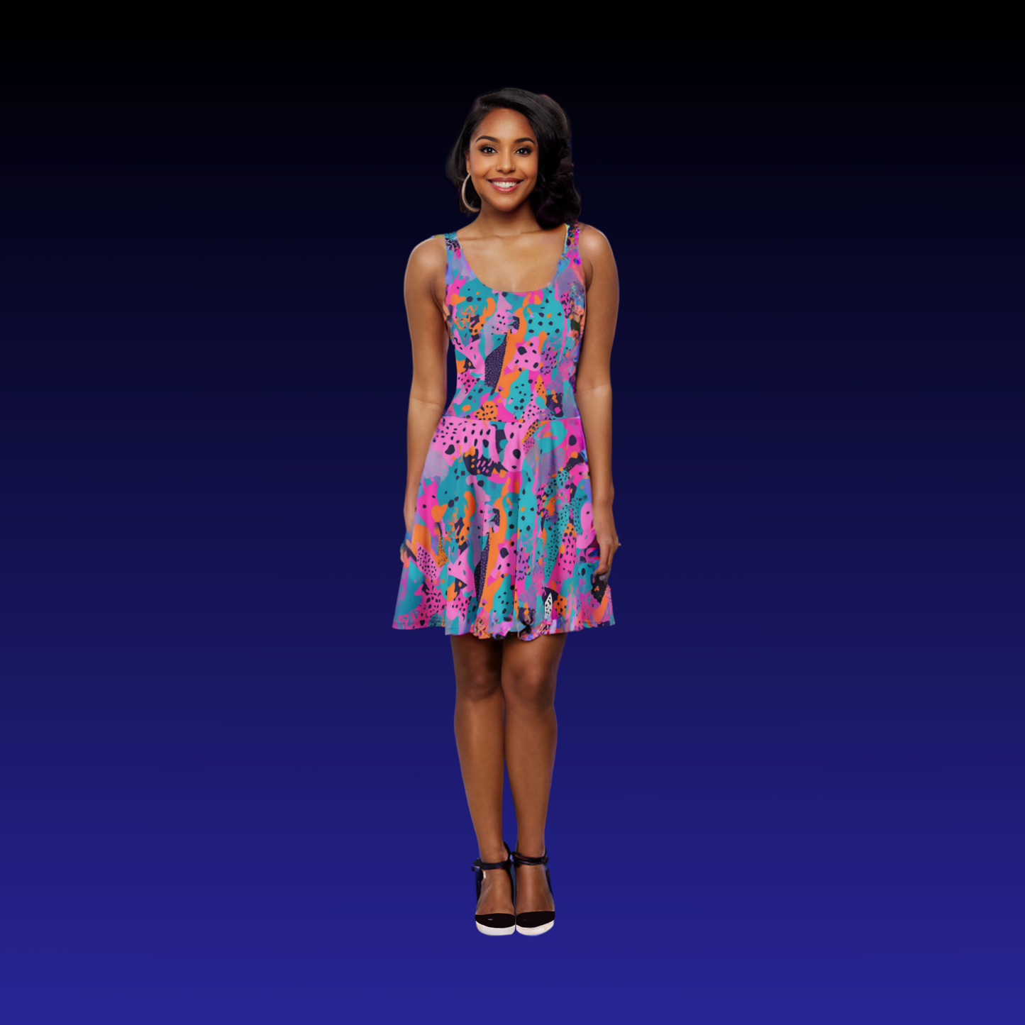 Flare short sleeveless dress, teal, orange, pink, black, playful, abstract, 80s vibe, retro pop | 3026