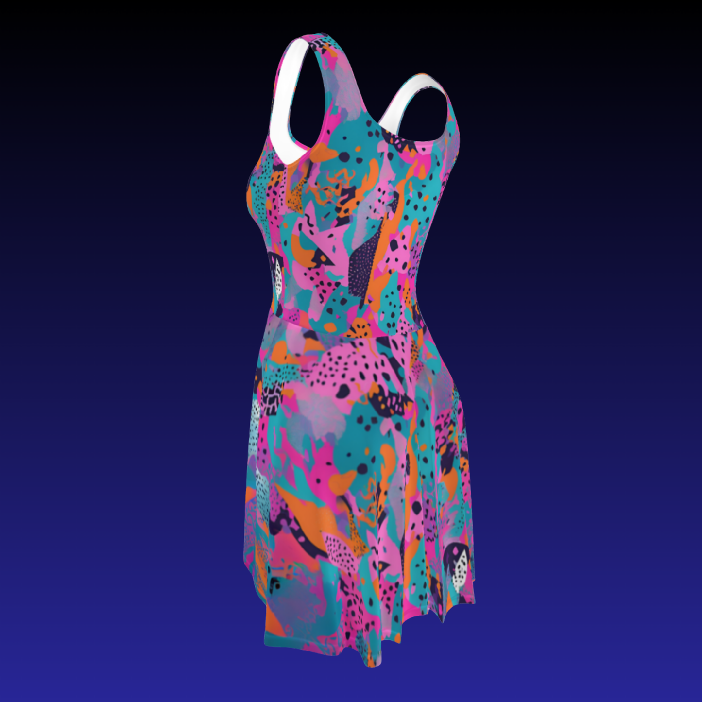 Flare short sleeveless dress, teal, orange, pink, black, playful, abstract, 80s vibe, retro pop | 3026