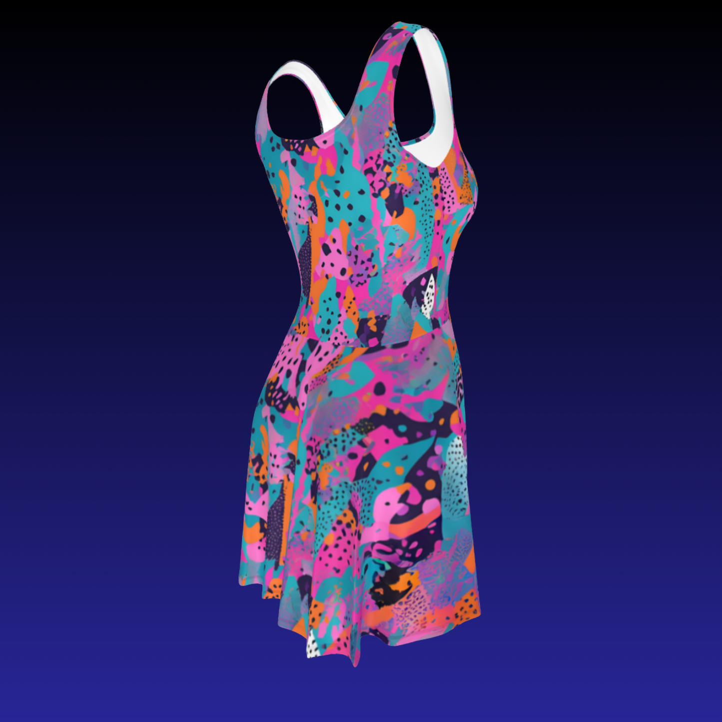 Flare short sleeveless dress, teal, orange, pink, black, playful, abstract, 80s vibe, retro pop | 3026