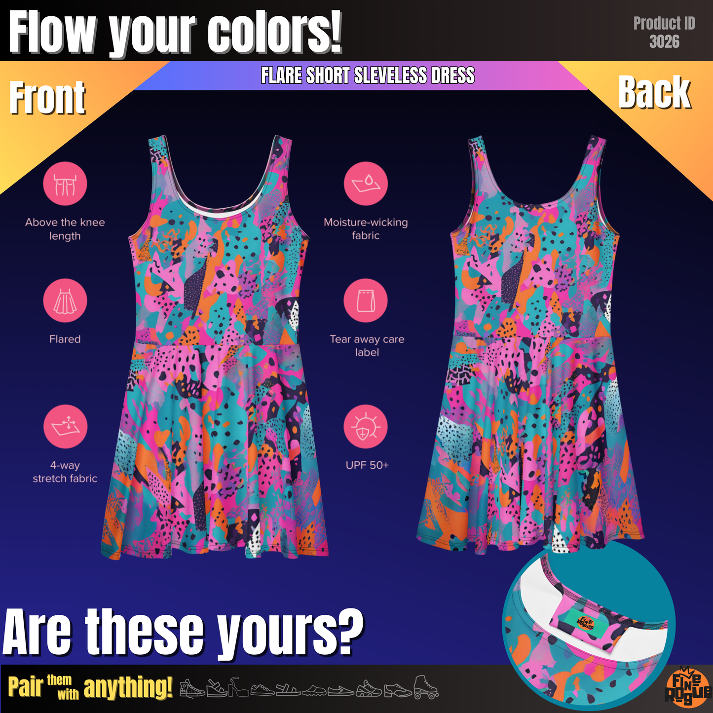 Flare short sleeveless dress, teal, orange, pink, black, playful, abstract, 80s vibe, retro pop | 3026