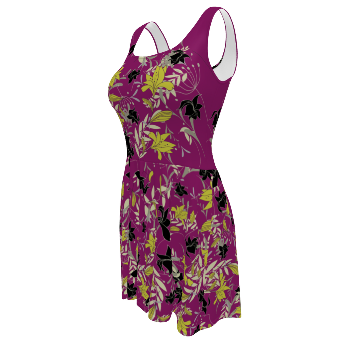 Flare Short Sleeveless Dress - Floral Purple Leaves - Casual Everyday Holiday Dance Party | 3006