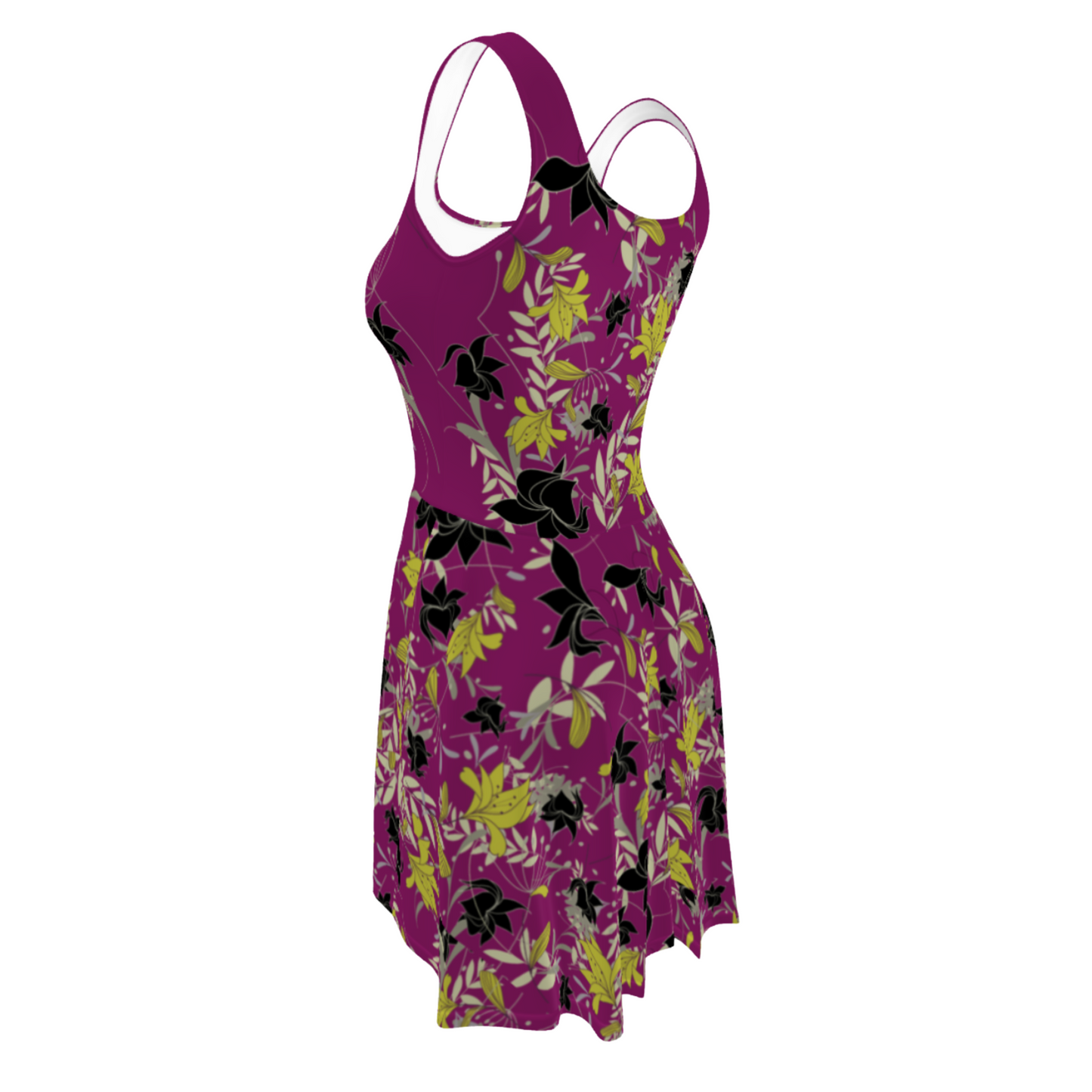 Flare Short Sleeveless Dress - Floral Purple Leaves - Casual Everyday Holiday Dance Party | 3006